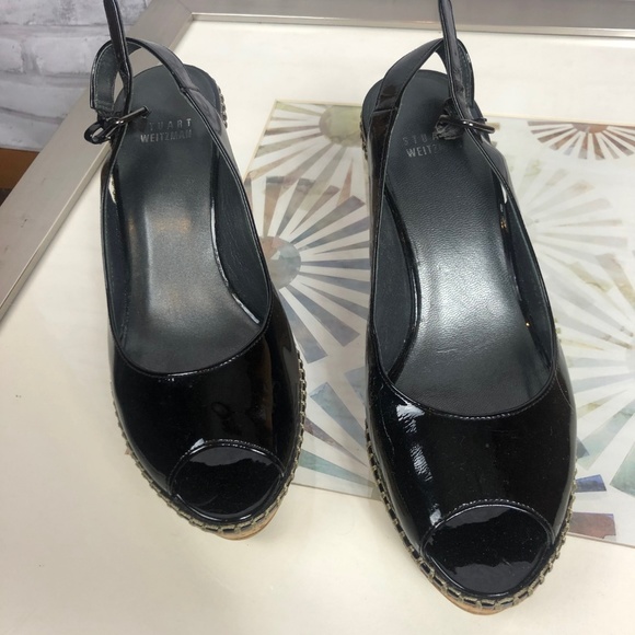 Stuart Weitzman Peep Toe Patent Black Cork Wedges Strappy 8 - Picture 2 of 5